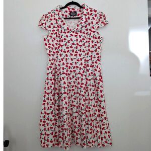 Hearts & Roses Cap Sleeve Cherry Allover Print Mod Collared Midi Dress Sz 16